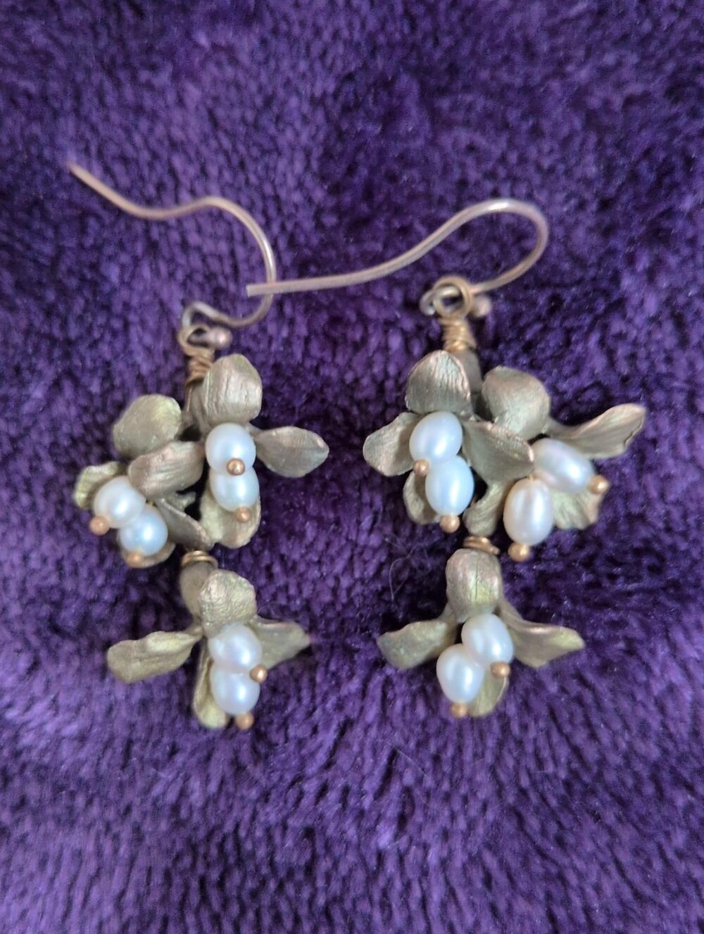Bronze Botanical Pierced Earrings With Pearls, Michael Michaud. Articulated.